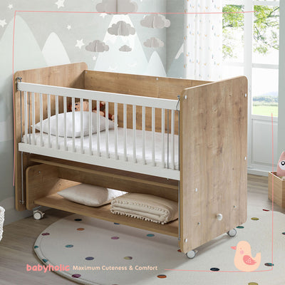 Wooden Wheeled Rocking Mother Side Cradle With Levels